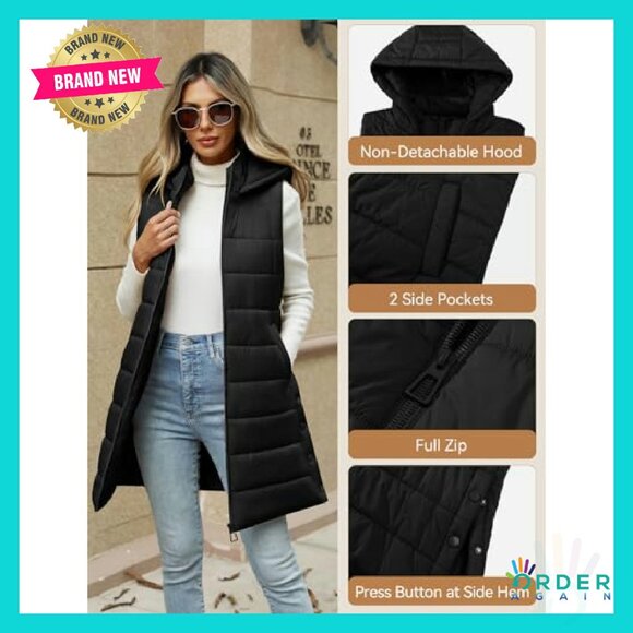 Long Hooded Puffer Vest Sleeveless Quilted Lightweight Outerwear Chic Minimal - Picture 3 of 8